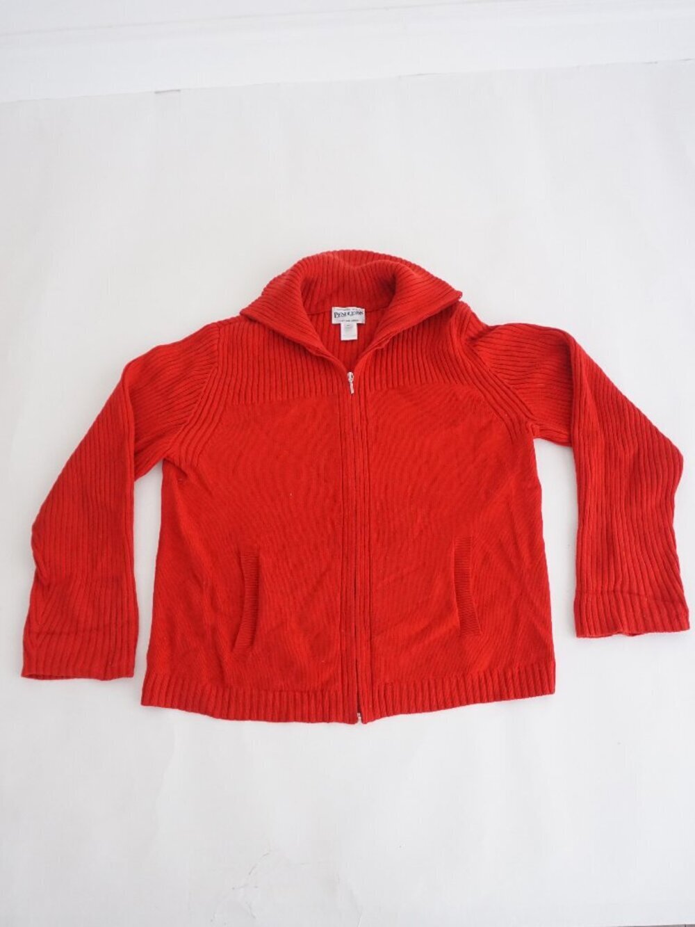 Vintage Pendleton Red Rib Knit Zip Front High Collar Cotton Blend Cardigan XL